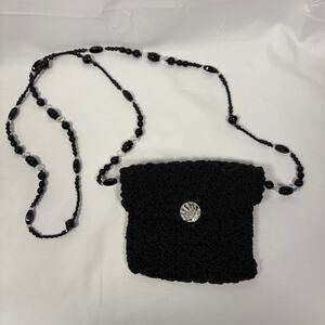 Vintage Small Black Beaded Purse with Button Closure & Beaded Strap